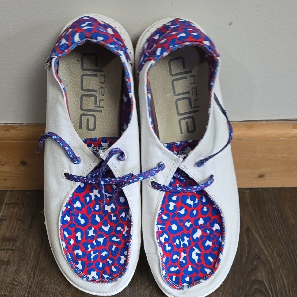 Hey Dude White and Blue Sneakers Vibrant Pattern